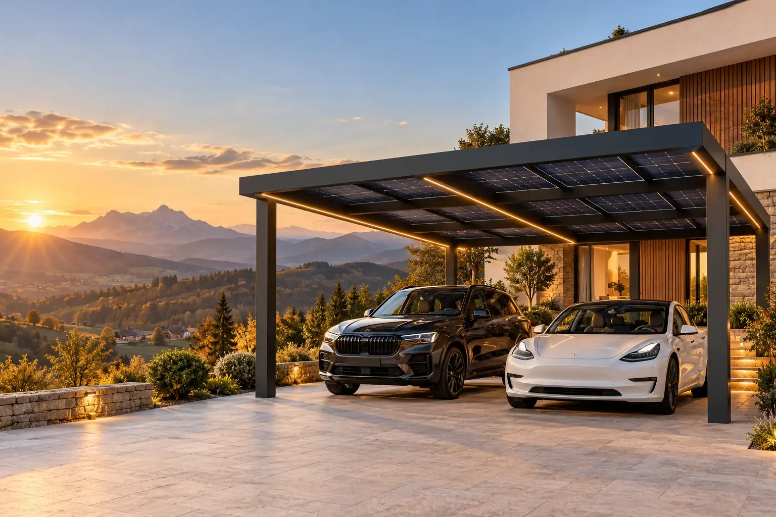 Randare conceptuală a unui carport fotovoltaic antracit pentru două automobile, lângă o locuință modernă